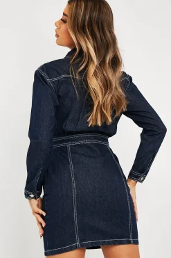 Rebellious Fashion Dark Blue Long Sleeve Denim Mini Dress - Connie