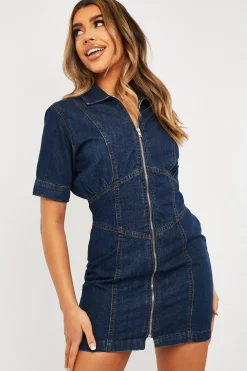 Rebellious Fashion Dark Blue Zip Front Collar Denim Mini Dress - Esabella
