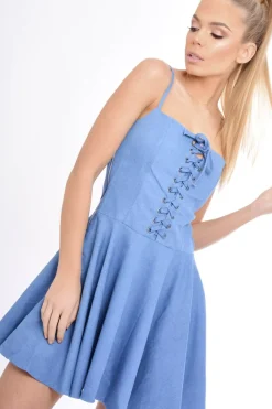 Rebellious Fashion Dark Denim Lace Up Strappy Skater Dress - Xanthe