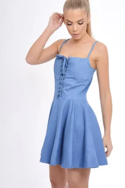Rebellious Fashion Dark Denim Lace Up Strappy Skater Dress - Xanthe