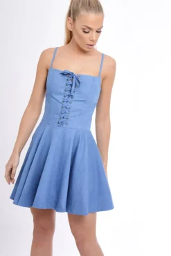 Rebellious Fashion Dark Denim Lace Up Strappy Skater Dress - Xanthe