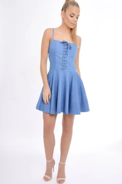 Rebellious Fashion Dark Denim Lace Up Strappy Skater Dress - Xanthe