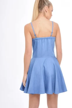 Rebellious Fashion Dark Denim Lace Up Strappy Skater Dress - Xanthe