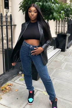 Rebellious Fashion Dark Blue Acid Wash Mom Jeans - Demiya