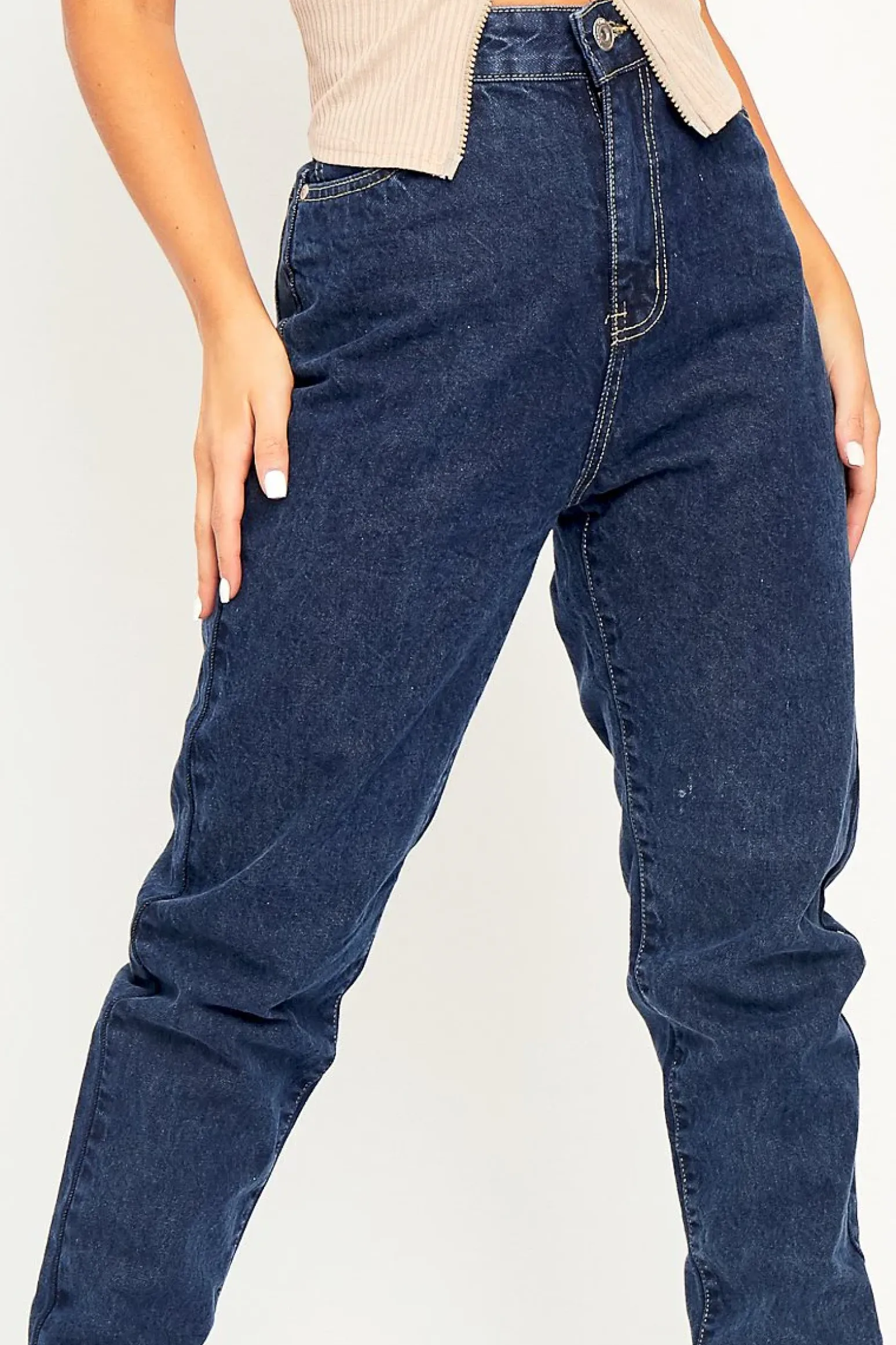 Rebellious Fashion Dark Blue Acid Wash Mom Jeans - Demiya