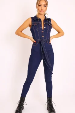 Rebellious Fashion Dark Blue Button Front Sleeveless Jumpsuit - Faven