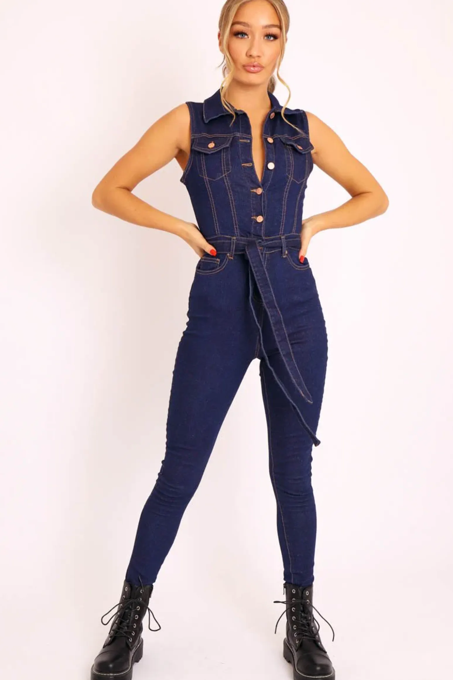Rebellious Fashion Dark Blue Button Front Sleeveless Jumpsuit - Faven