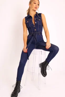 Rebellious Fashion Dark Blue Button Front Sleeveless Jumpsuit - Faven