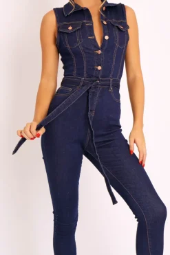 Rebellious Fashion Dark Blue Button Front Sleeveless Jumpsuit - Faven