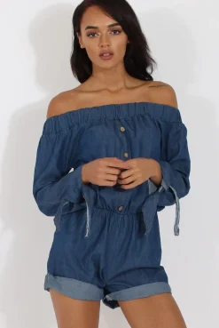 Rebellious Fashion Dark Blue Denim Bardot Denim Playsuit - Angelica
