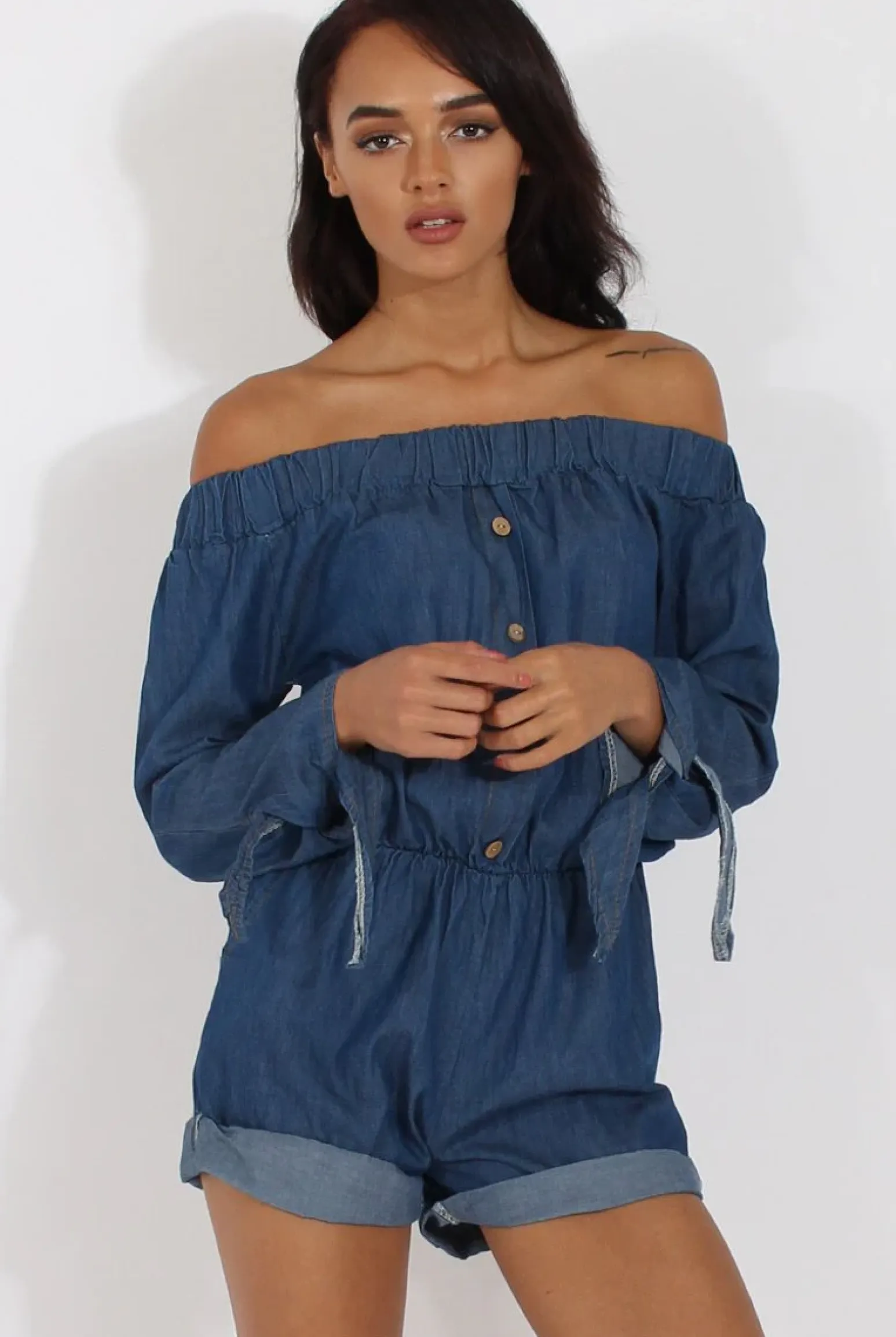 Rebellious Fashion Dark Blue Denim Bardot Denim Playsuit - Angelica
