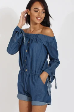 Rebellious Fashion Dark Blue Denim Bardot Denim Playsuit - Angelica