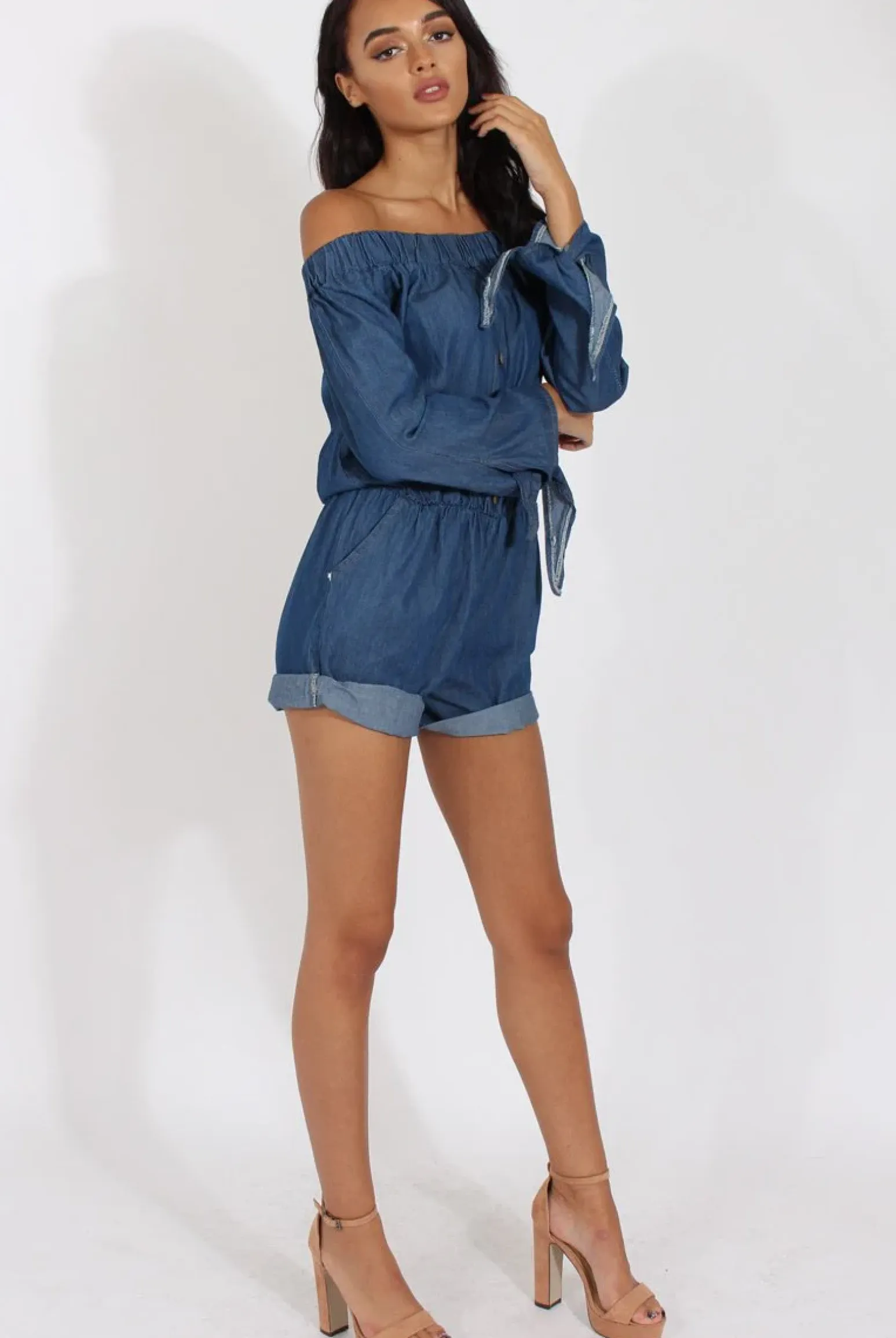 Rebellious Fashion Dark Blue Denim Bardot Denim Playsuit - Angelica
