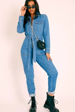 Rebellious Fashion Dark Blue Denim Belted Boilersuit - Lucindy