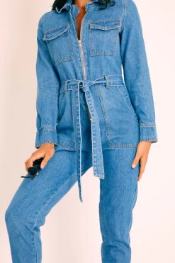 Rebellious Fashion Dark Blue Denim Belted Boilersuit - Lucindy