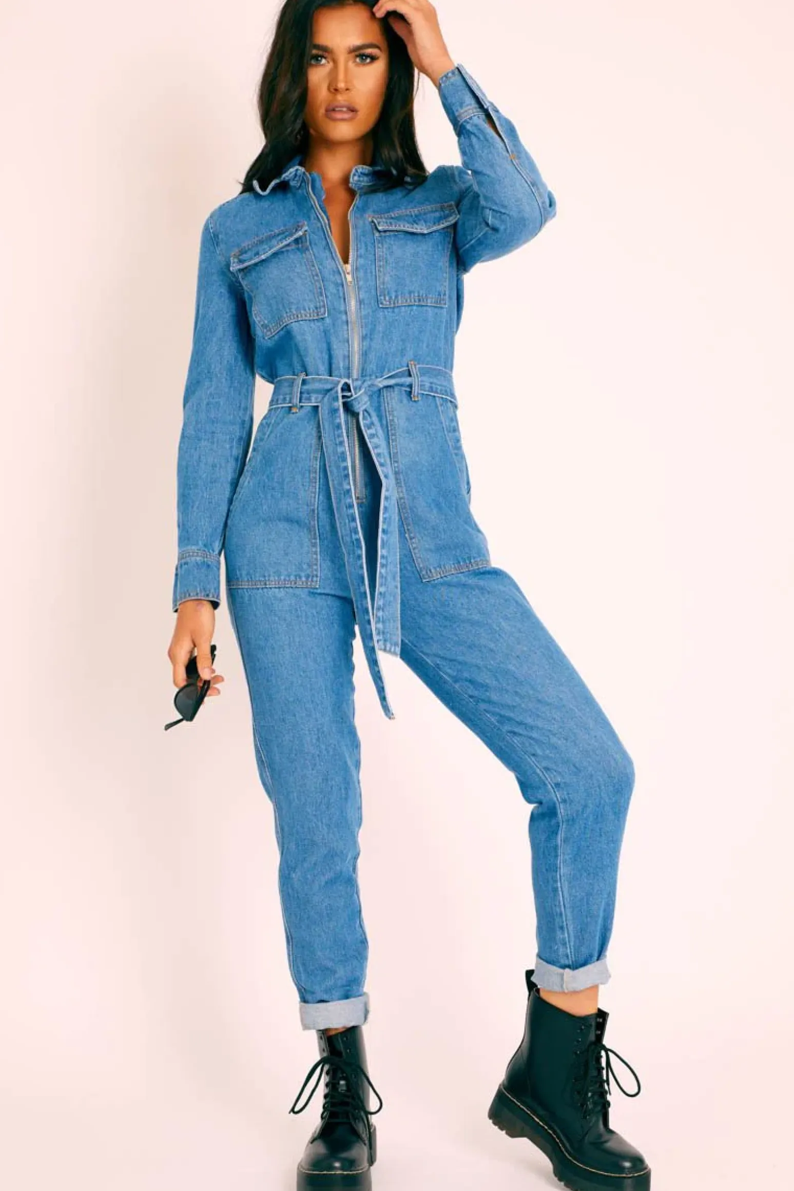 Rebellious Fashion Dark Blue Denim Belted Boilersuit - Lucindy