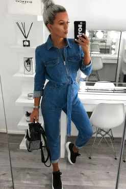 Rebellious Fashion Dark Blue Denim Belted Boilersuit - Lucindy