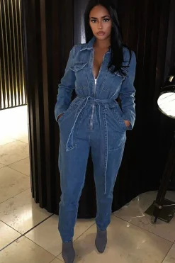 Rebellious Fashion Dark Blue Denim Belted Boilersuit - Lucindy