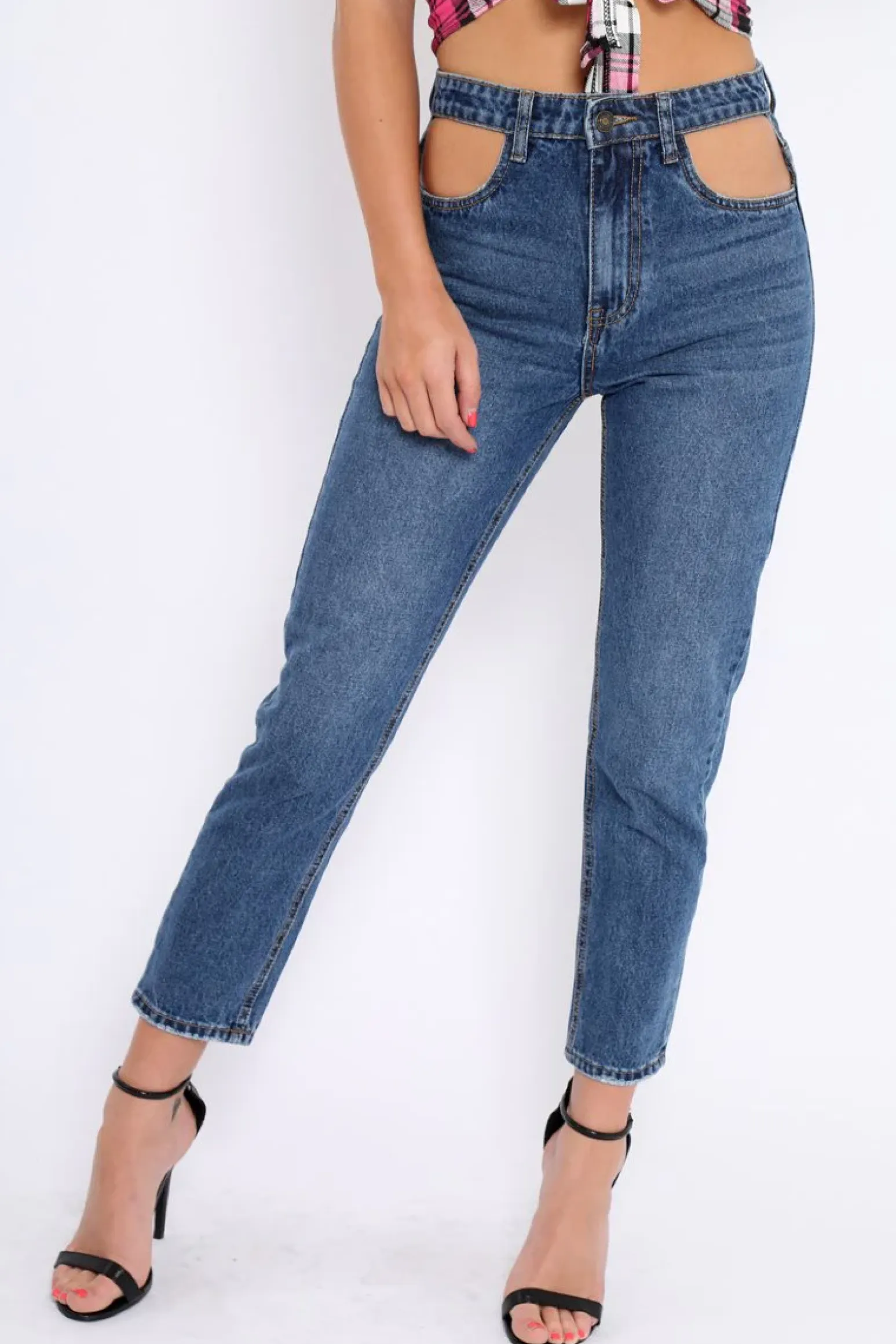 Rebellious Fashion Dark Blue Denim Cut Out Pocket Boyfriend Jeans - Jaime