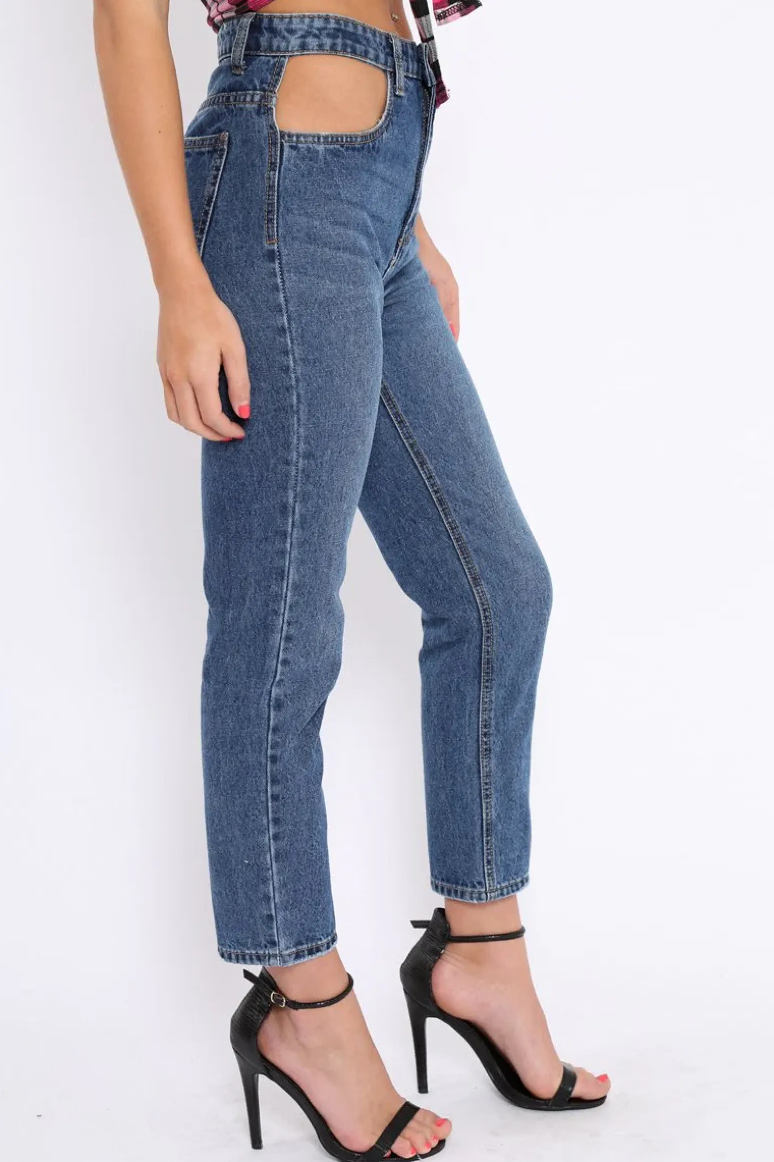 Rebellious Fashion Dark Blue Denim Cut Out Pocket Boyfriend Jeans - Jaime