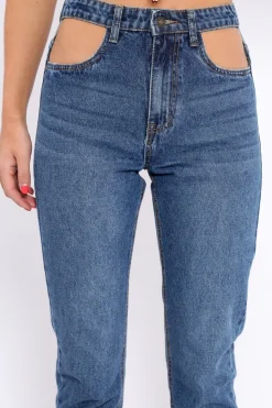 Rebellious Fashion Dark Blue Denim Cut Out Pocket Boyfriend Jeans - Jaime