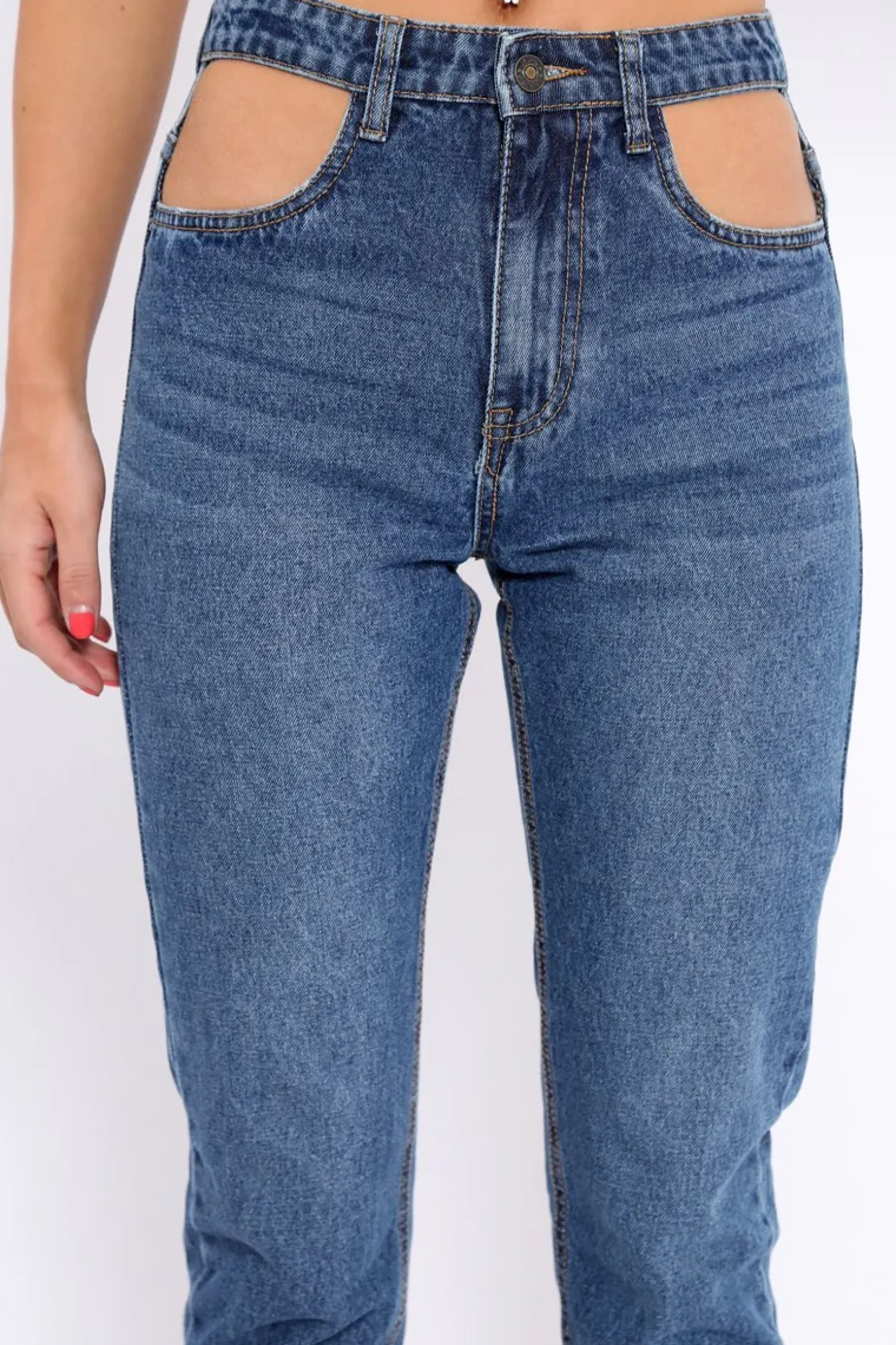 Rebellious Fashion Dark Blue Denim Cut Out Pocket Boyfriend Jeans - Jaime