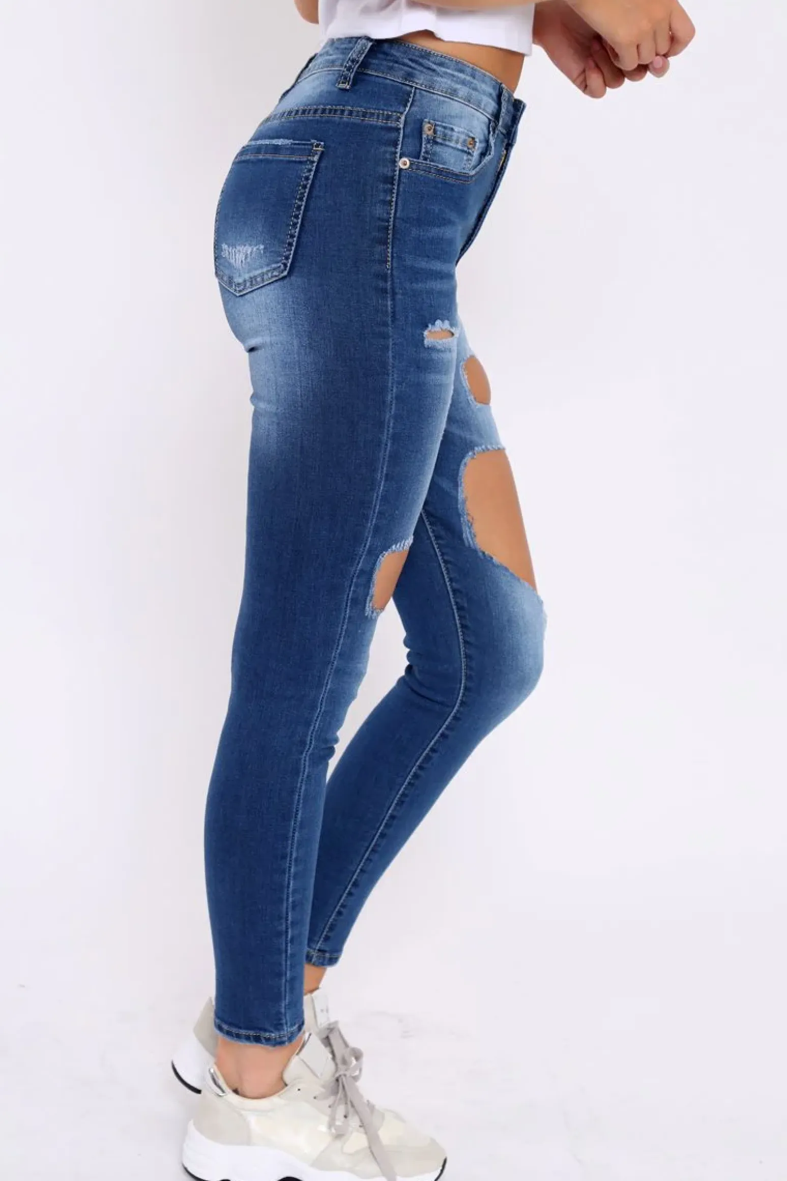 Rebellious Fashion Dark Blue Denim Extreme Rip Skinny Jeans - Saint