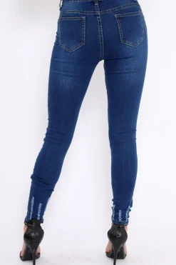 Rebellious Fashion Dark Blue Denim Frayed Skinny Jeans - Alma