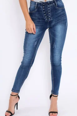 Rebellious Fashion Dark Blue Denim Lace Up Front Jeans - Raeann