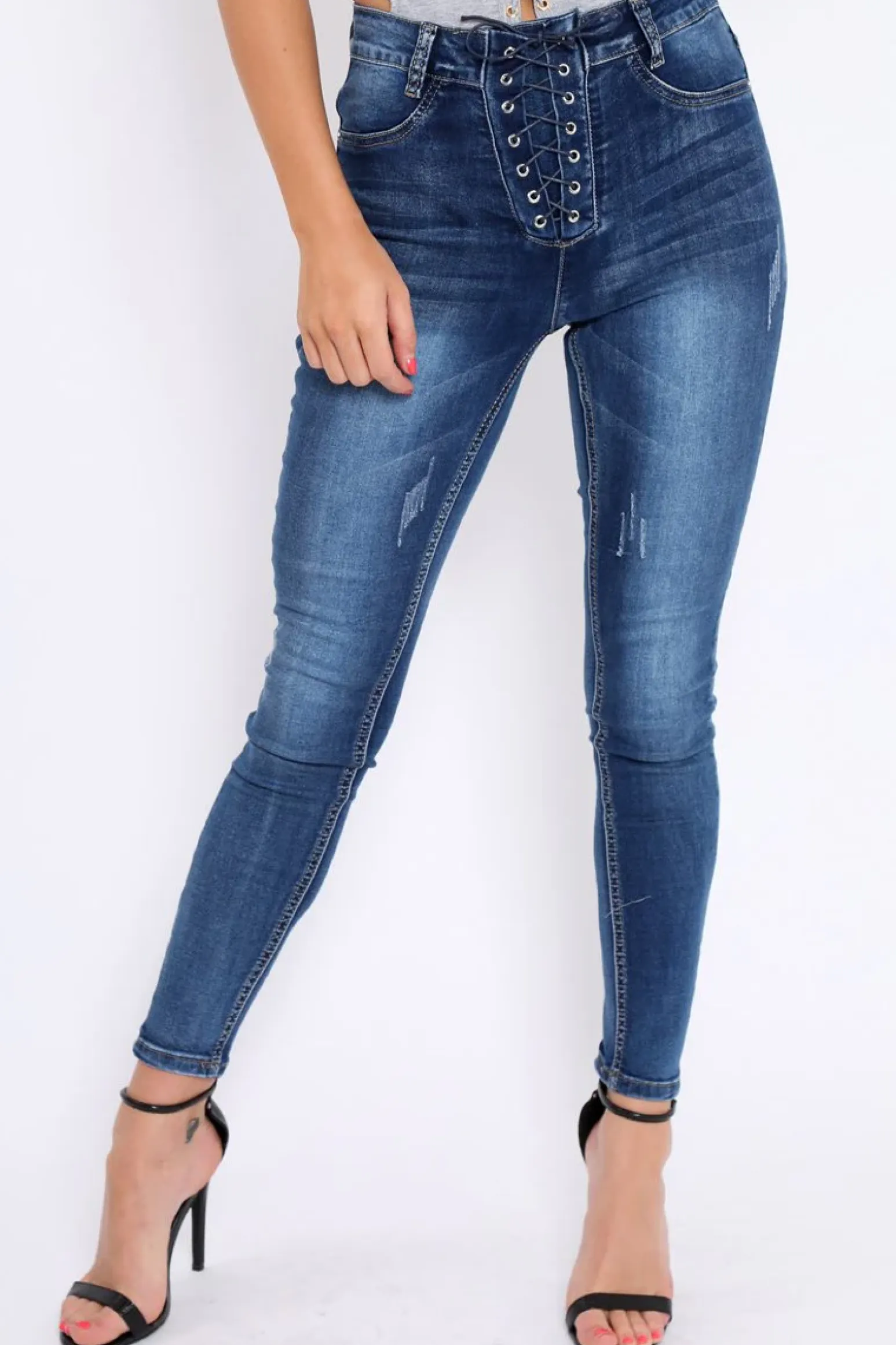 Rebellious Fashion Dark Blue Denim Lace Up Front Jeans - Raeann