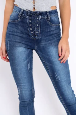 Rebellious Fashion Dark Blue Denim Lace Up Front Jeans - Raeann