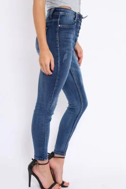 Rebellious Fashion Dark Blue Denim Lace Up Front Jeans - Raeann