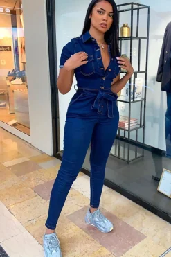 Rebellious Fashion Dark Blue Denim Short Sleeve Button Up Belted Waist Boilersuit - Stevie