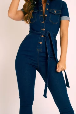 Rebellious Fashion Dark Blue Denim Short Sleeve Button Up Belted Waist Boilersuit - Stevie