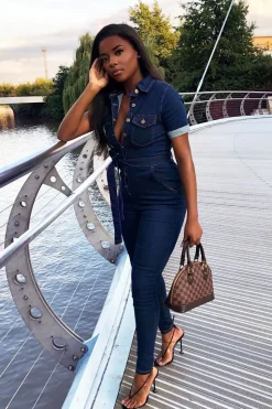Rebellious Fashion Dark Blue Denim Short Sleeve Button Up Belted Waist Boilersuit - Stevie