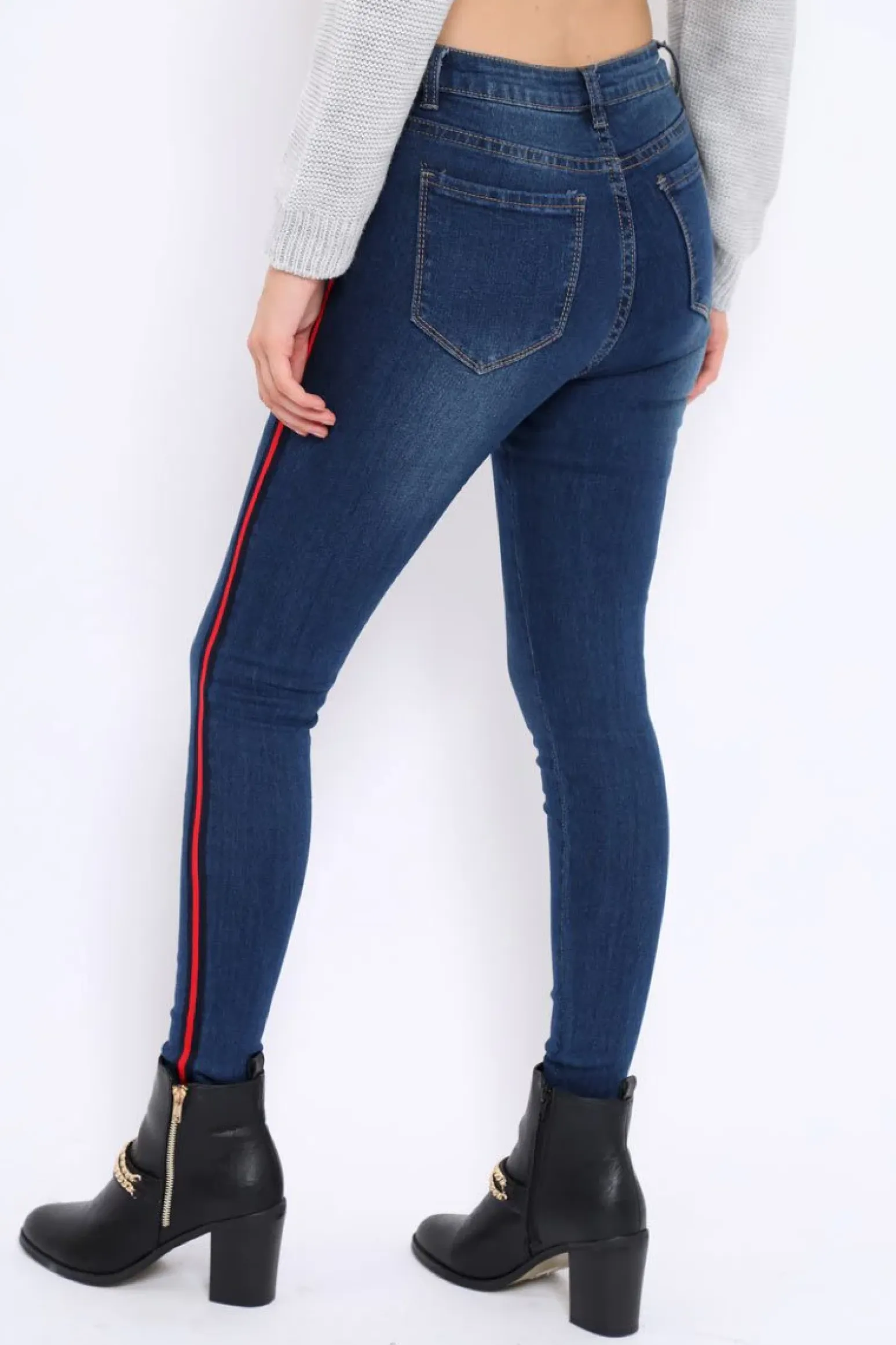 Rebellious Fashion Dark Blue Denim Skinny Jeans with Side Stripes - Hana