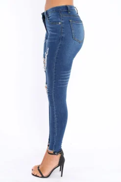 Rebellious Fashion Dark Blue Distressed Jeans - Macy