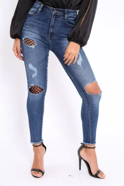 Rebellious Fashion Dark Blue Fishnet Jeans - Malorie
