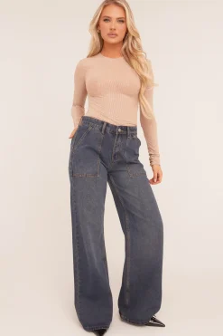Rebellious Fashion Dark Blue Pocket Detail Wide Leg Jeans - Elena