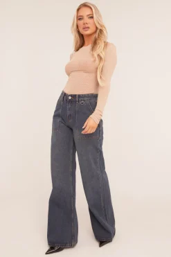 Rebellious Fashion Dark Blue Pocket Detail Wide Leg Jeans - Elena