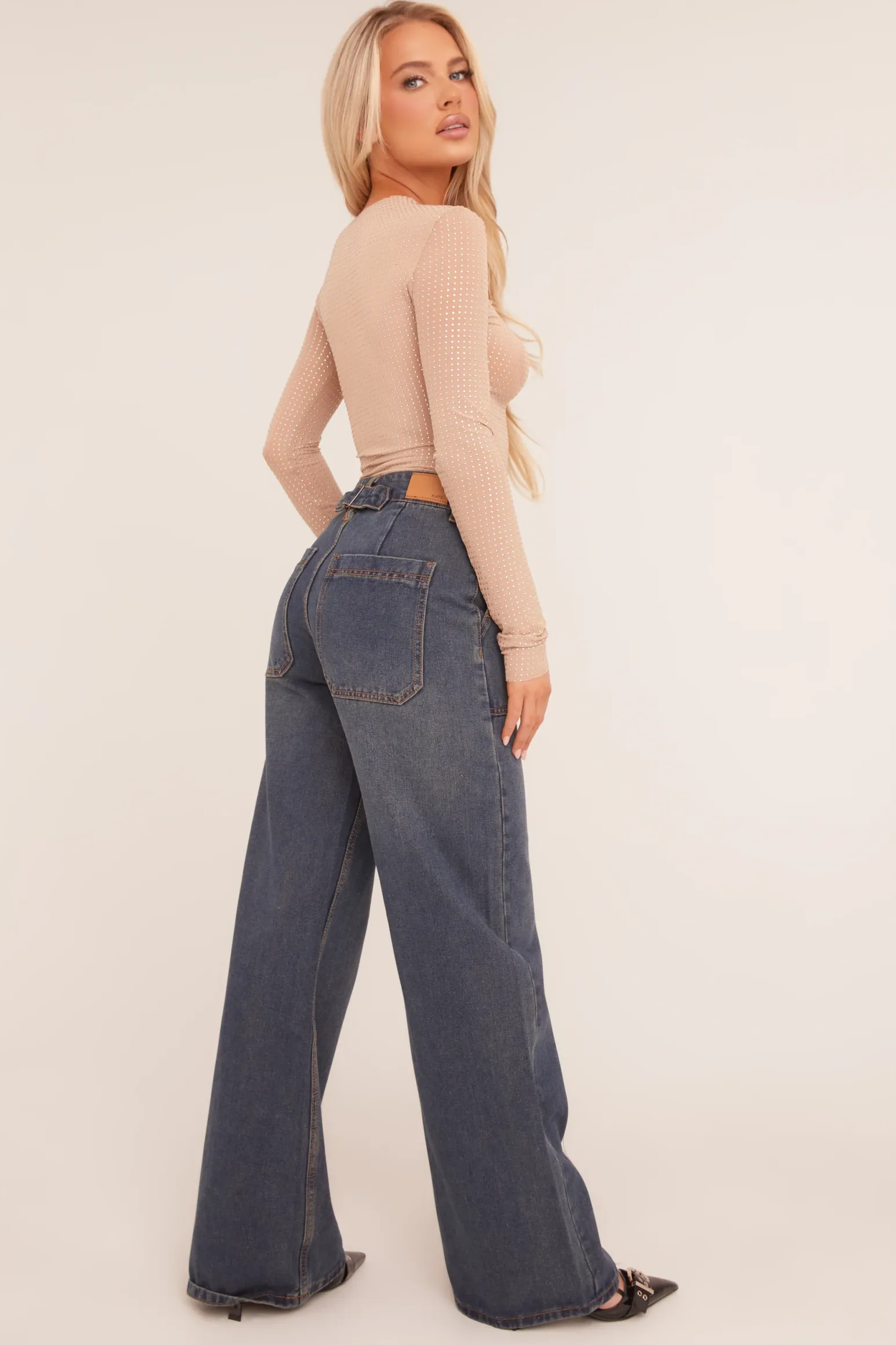 Rebellious Fashion Dark Blue Pocket Detail Wide Leg Jeans - Elena