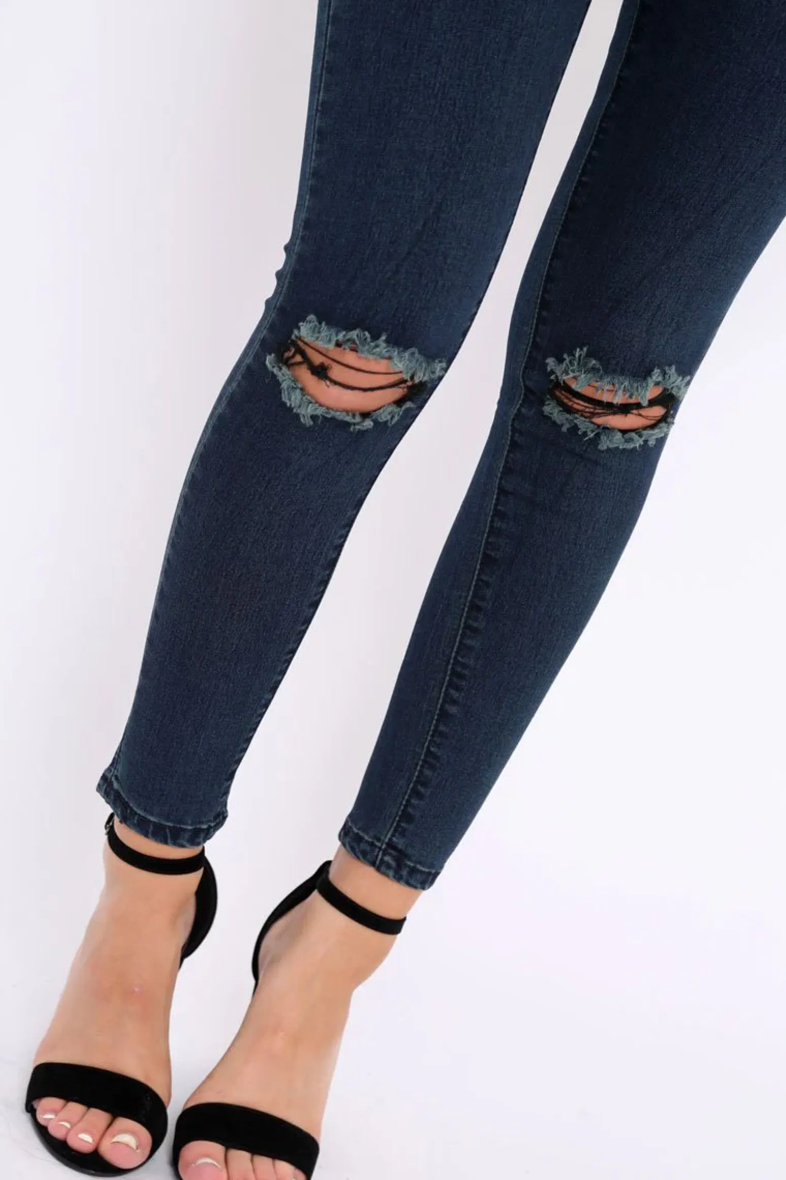 Rebellious Fashion Dark Blue Ripped Knee High Waist Skinny Jeans -Leeya