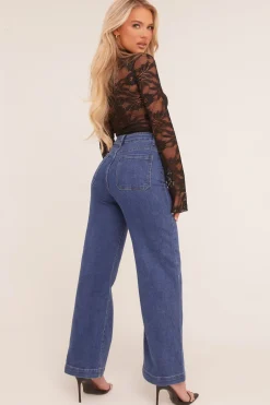 Rebellious Fashion Dark Blue Stretch Pocket Detail Straight Leg Jeans - Harlow