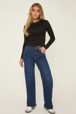 Rebellious Fashion Dark Blue Stretch Wide Leg Denim Jeans - Lajoy