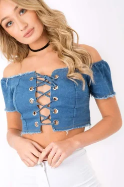 Rebellious Fashion Dark Denim Bardot Lace Up Crop Top - Rochella