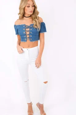 Rebellious Fashion Dark Denim Bardot Lace Up Crop Top - Rochella