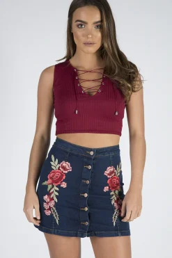 Rebellious Fashion Dark Denim Embroidered Button Up Skirt - Grace