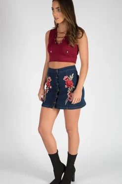 Rebellious Fashion Dark Denim Embroidered Button Up Skirt - Grace