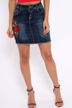Rebellious Fashion Dark Denim Embroidered Sequin Mini Skirt - Rosie