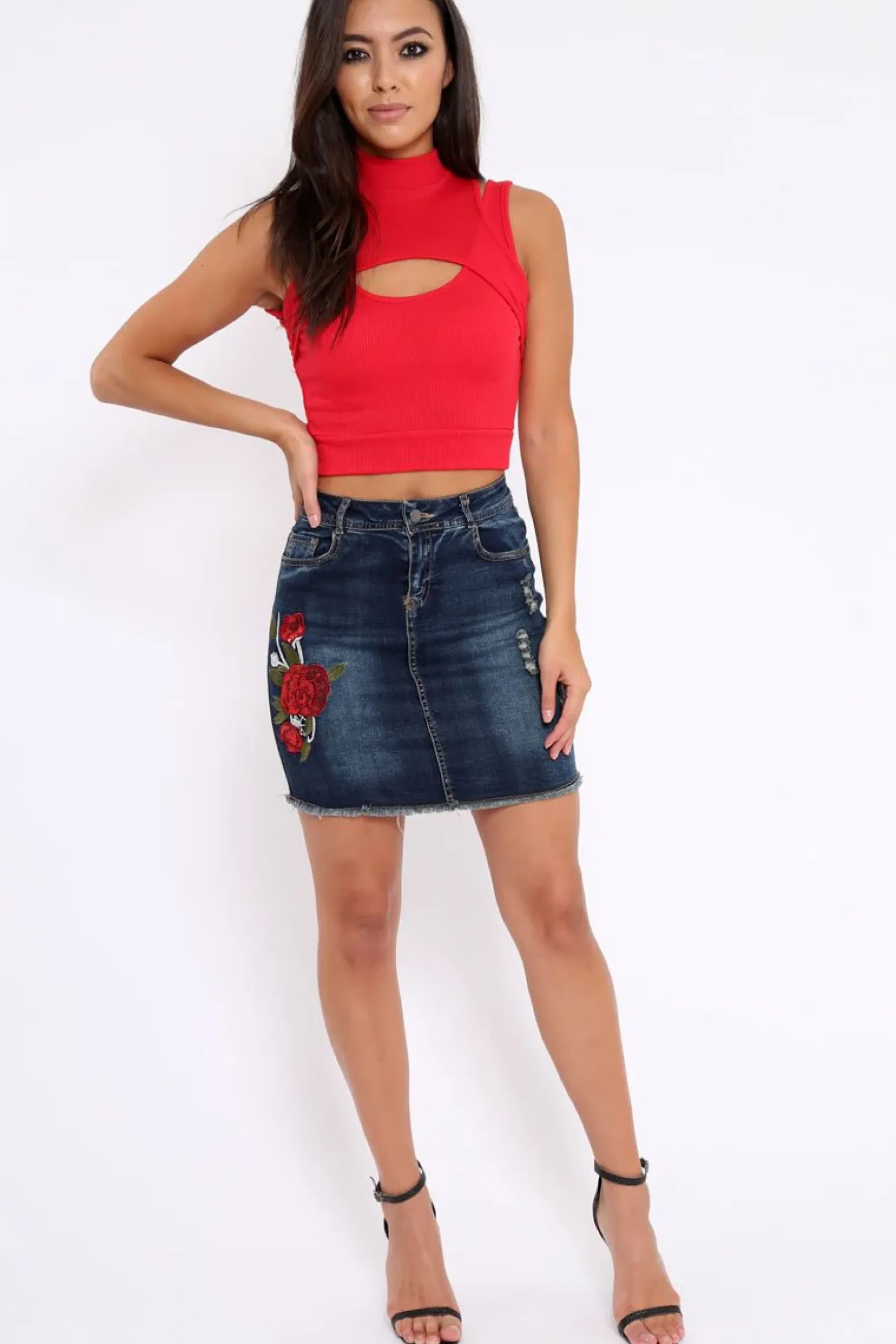 Rebellious Fashion Dark Denim Embroidered Sequin Mini Skirt - Rosie